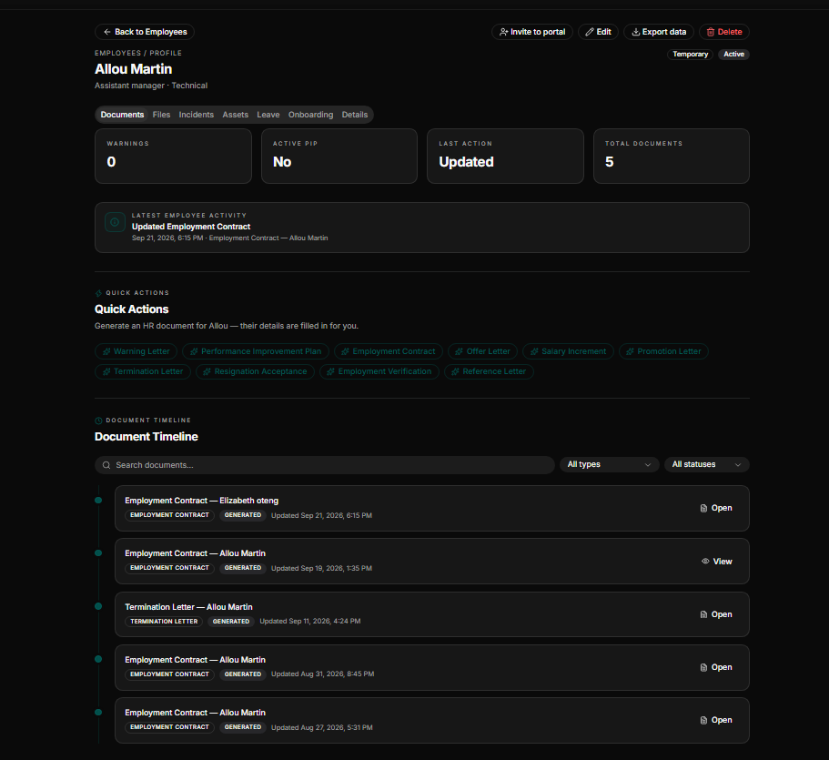 A screenshot of HRDocket employee profile
