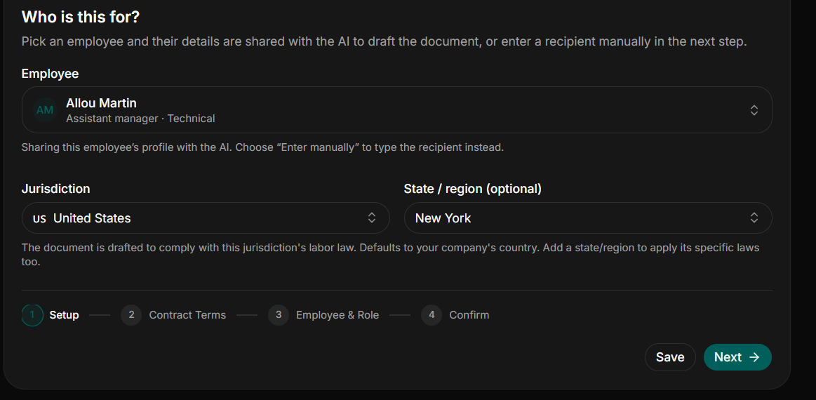 HRDocket AI HR document generator creating an employee document