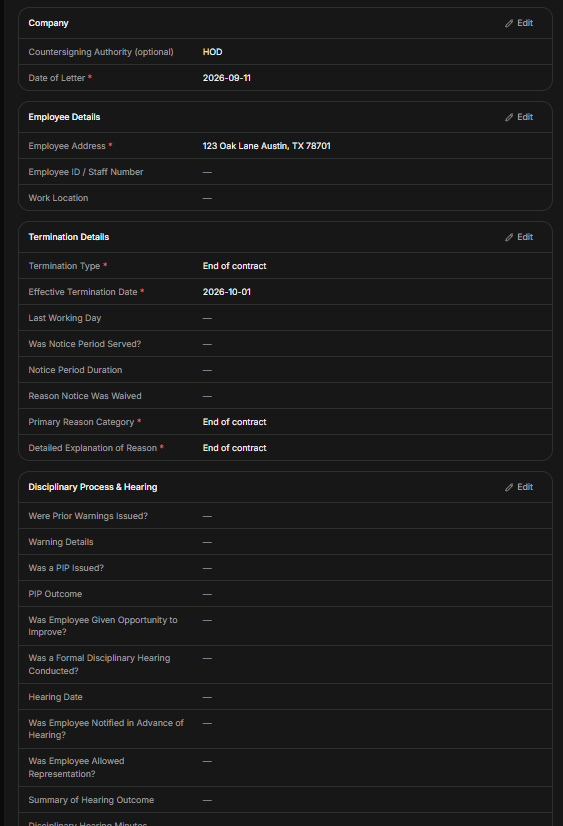 A screenshot of HRDocket termination letter template