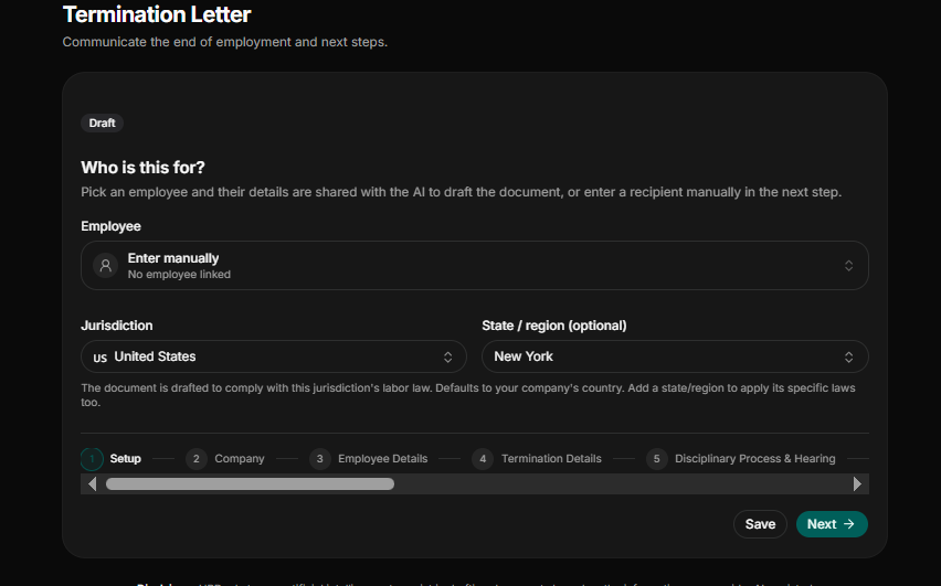 A screenshot of HRDocket termination letter generator setup window