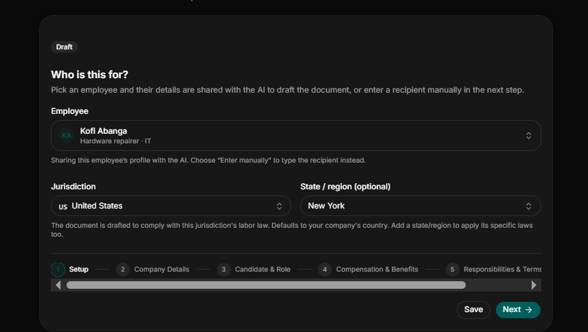 HRDocket's AI-assisted and jurisdiction-aware drafting
