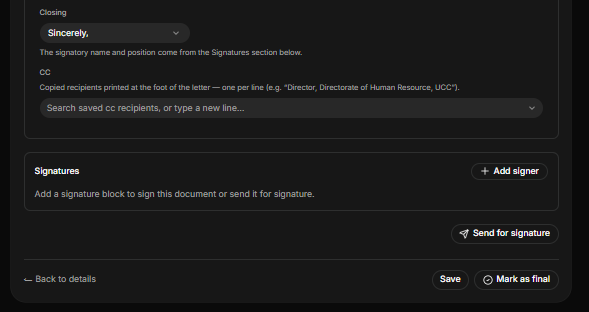 Signature portion of a drafted termination letter