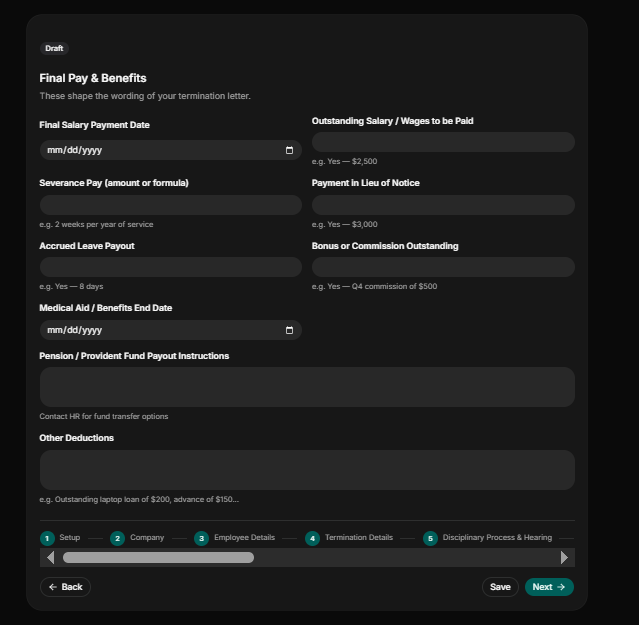 A screenshot of final pay documentation
