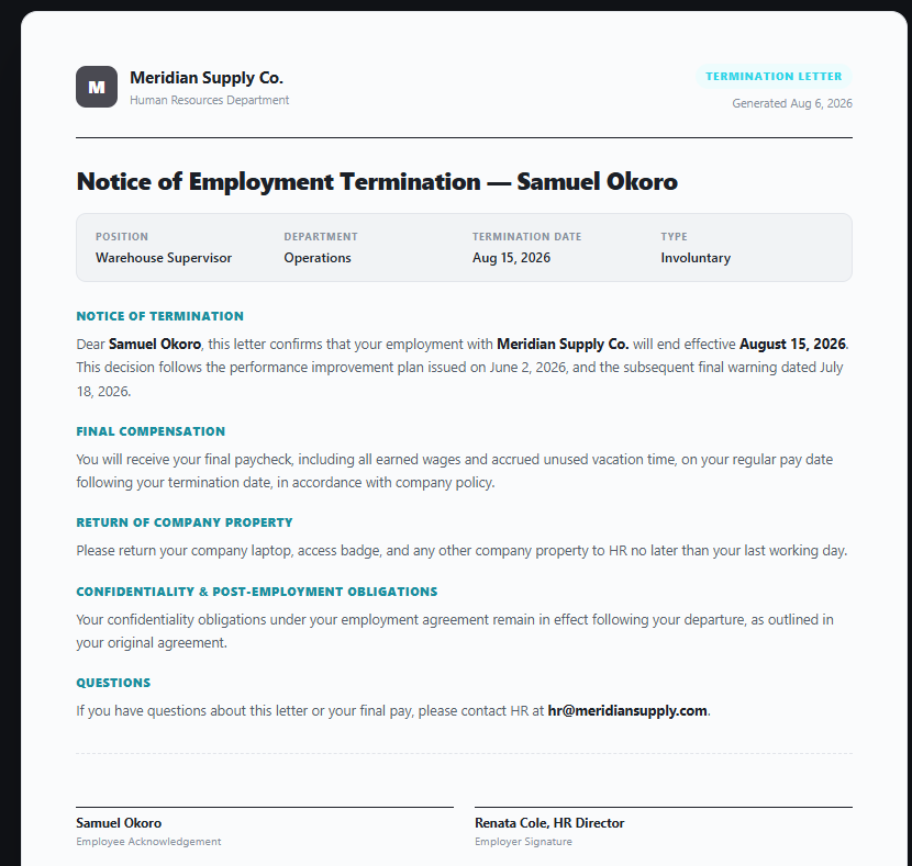 HRDocket docket sample termination letter