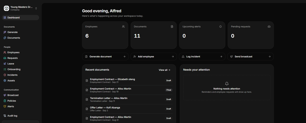 HRDocket employee records management dashboard