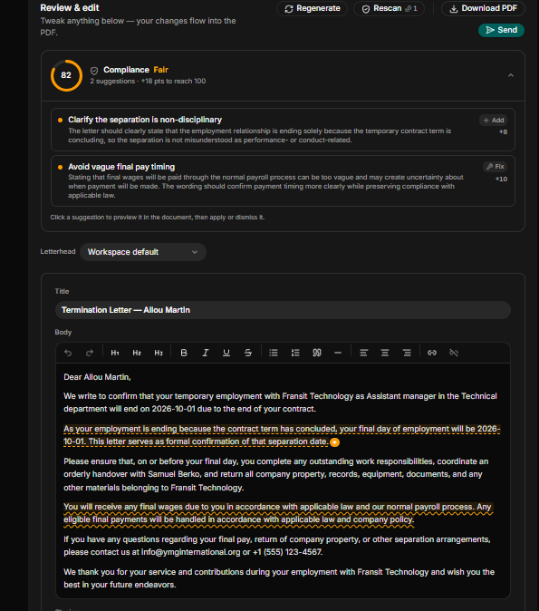 AI-risk overview of a generated termination letter