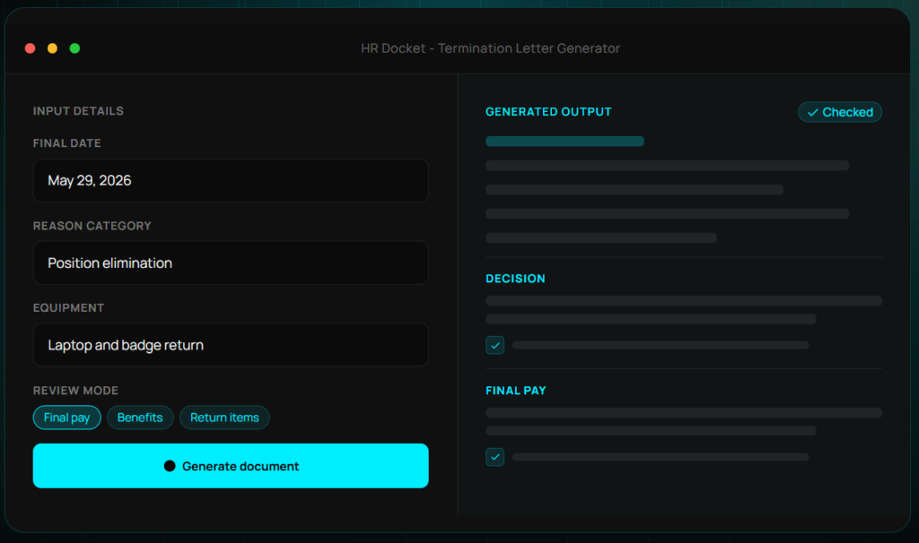 Termination Letters Generator interface 1