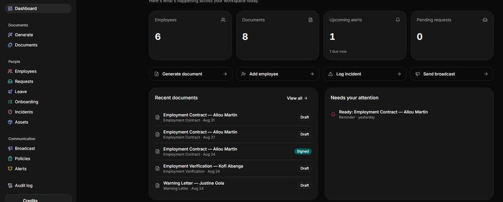HR software user dashboard