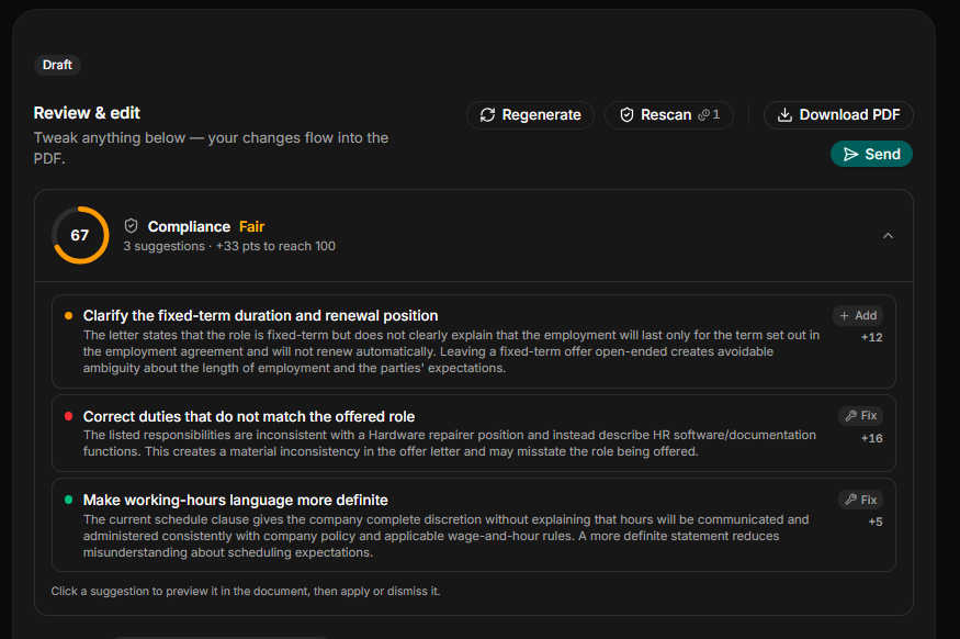 A screenshot of HRDocket AI compliance report