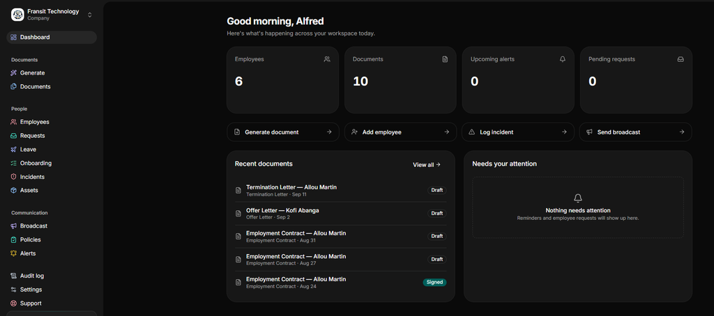 A screenshot of HRDocket  workspace