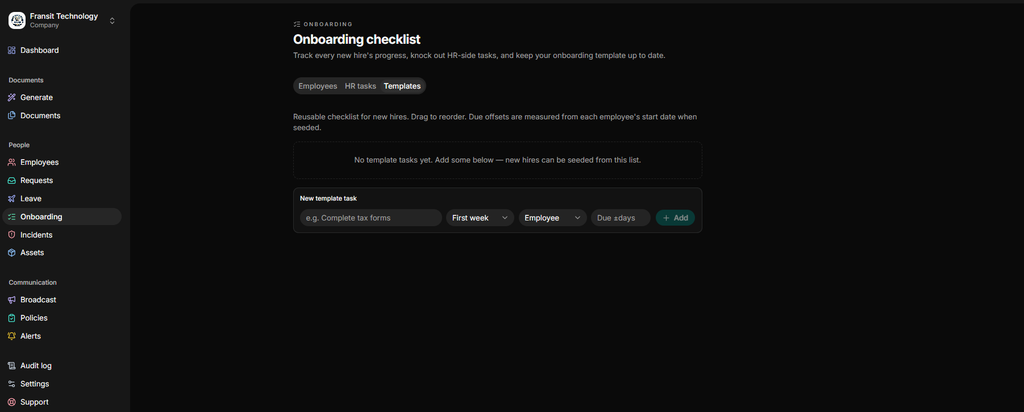 A screenshot of HRDocket's employee onboarding workspace