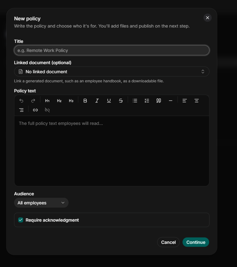 A new policy creating window featuring relevant details