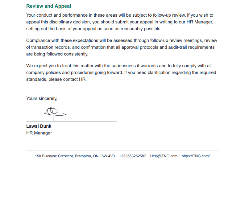 Sample Warning Letter 3