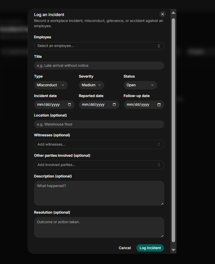 A screenshot of HRDocket incident report log window