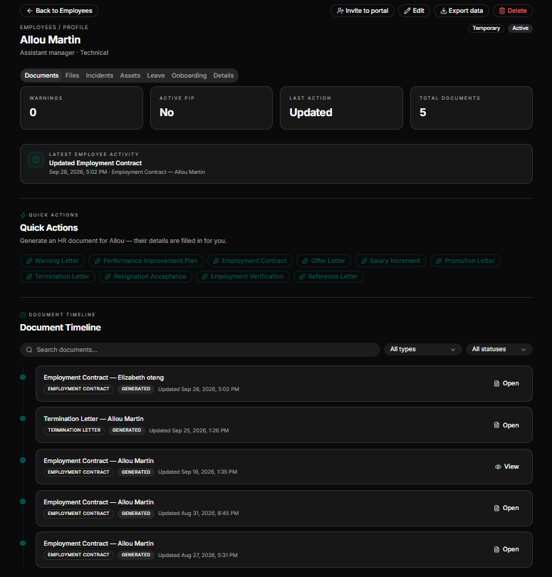 HRDocket's centralized employee profile