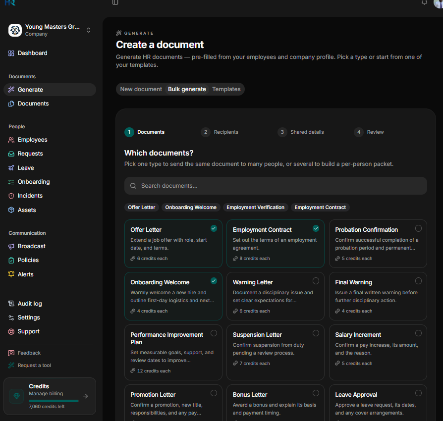 Selecting documents in a bulk HR document generation workflow