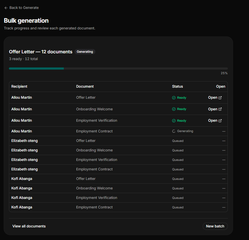 Bulk HR document generation workflow