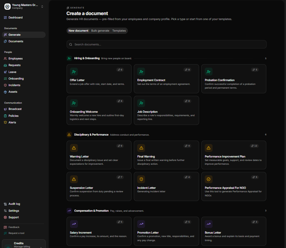 HRDocket HR document management dashboard
