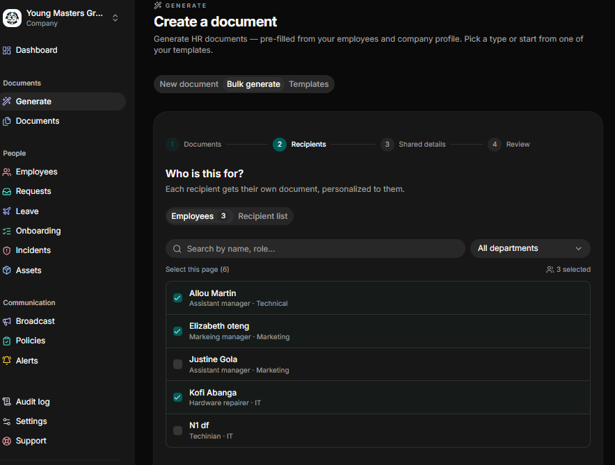 Selecting employees in bulk HR document generation workflow
