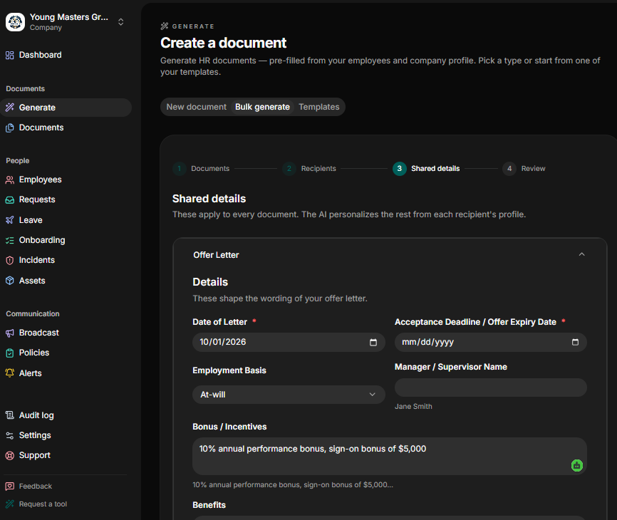 Entering shared details in bulk HR document generation workflow